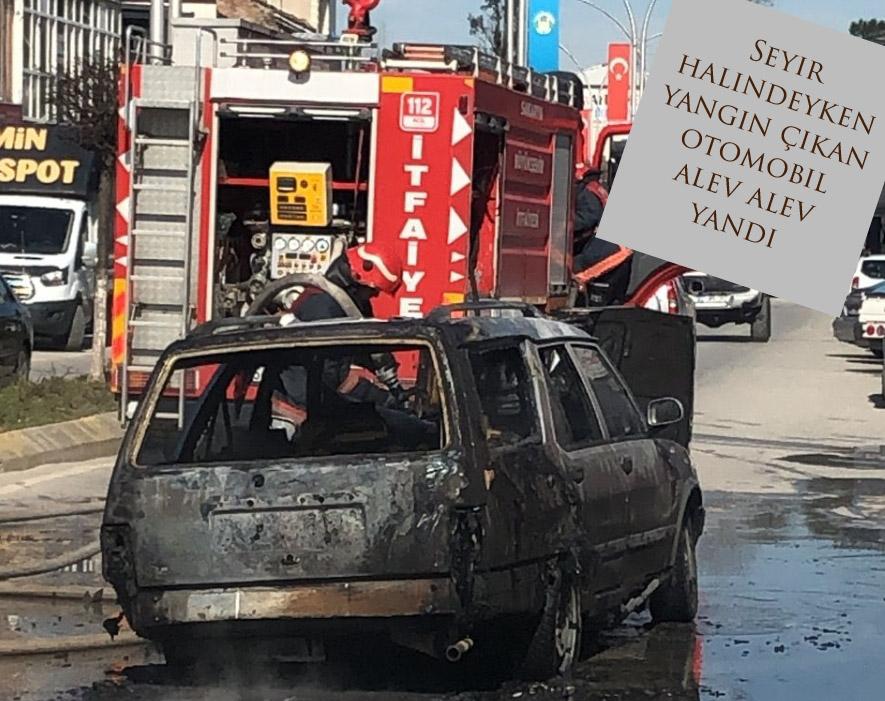 Seyir halindeyken yangın çıkan otomobil alev alev yandı.